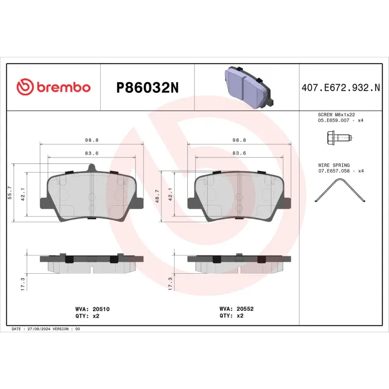 Brembo Oe 19-24 Volvo Xc40 Prime Ceramic Brake Pad - Rear 1