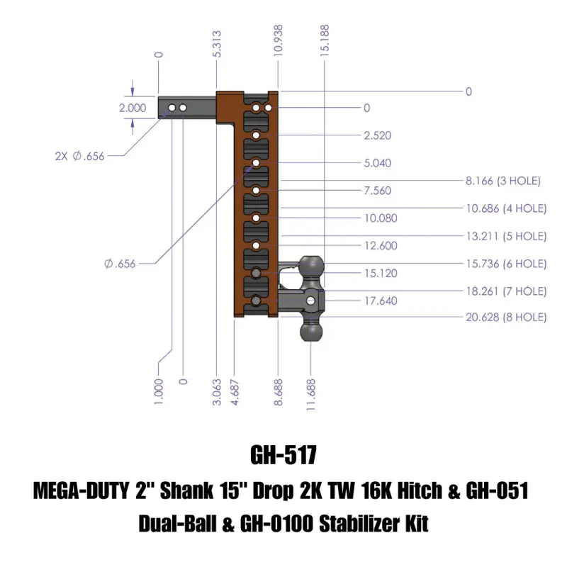 Gen-Y Mega Duty 2In Shank 15In Drop 2K Tw 16K Hitch W/Gh-051 Dual-Ball/Gh-0100 Stabilizer Kit 1