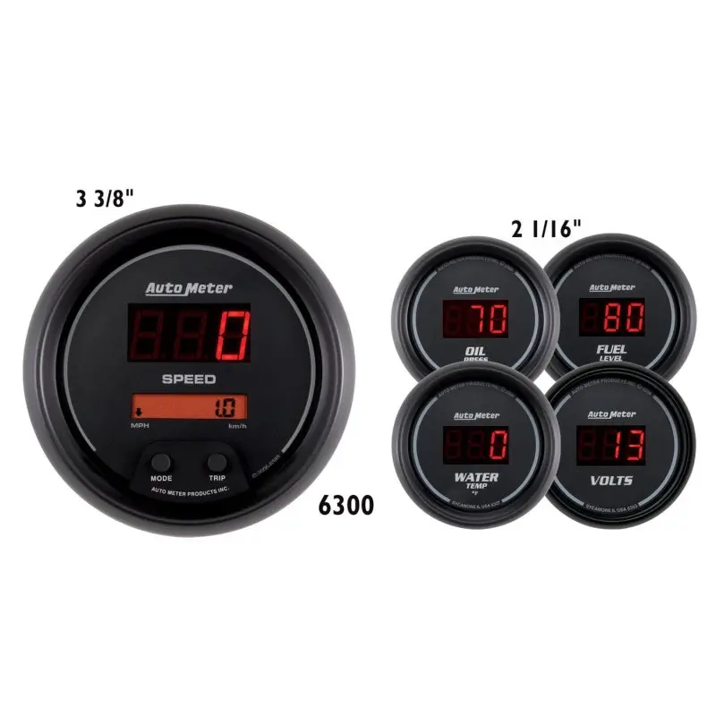 Autometer Gauge Kit 5 Pc. 3-3/8In. & 2-1/16In. Elec Speedo Digital Black Dial W/ Red Led 1
