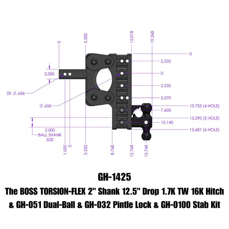 Gen-Y The Boss Torsion-Flex 2In Shank 15In Drop 16K Hitch W/Gh-051 Dual-Ball/Pintle Lock/Stab Kit 1