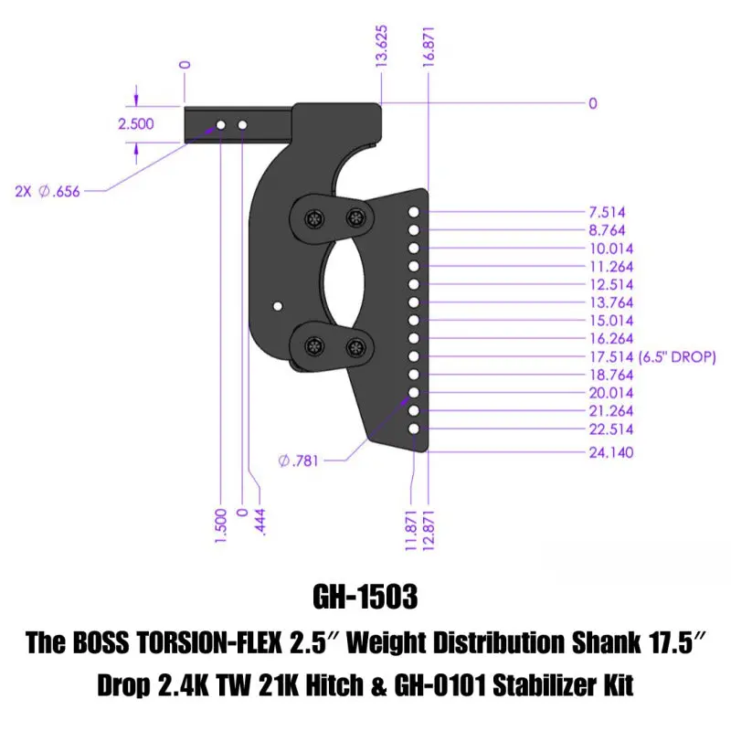 Gen-Y The Boss Torsion-Flex 2.5In Weight Distribution Shank 17.5In Drop 21K Hitch W/Stabilizer Kit 1