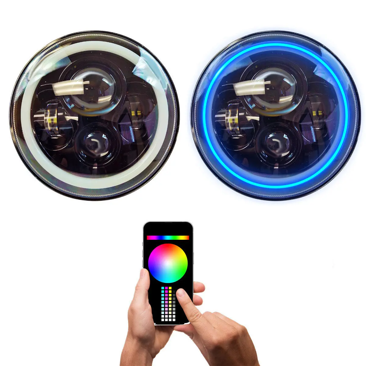 7 Inch Headlights Set Led Round Rgb Halo Ring Angel Eyes Compatible With Wrangler 1
