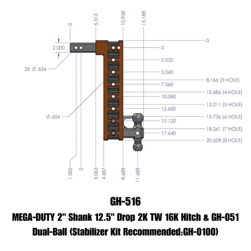 Gen-Y Mega Duty 2In Shank 12.5In Drop 16K Hitch W/Gh-051 Dual-Ball 1