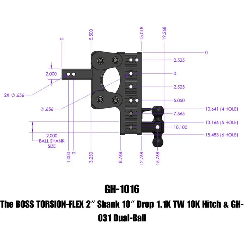 Gen-Y The Boss Torsion-Flex 2In Shank 10In Drop 1.1K Tw 10K Hitch W/Gh-031 Dual-Ball 1
