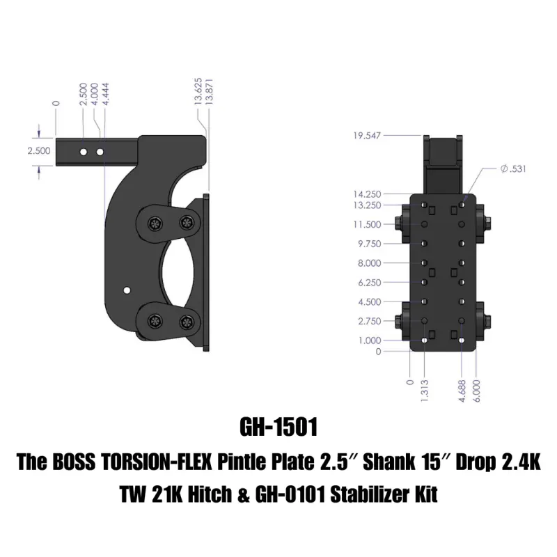 Gen-Y The Boss Torsion-Flex Pintle Plate 2.5In Shank 15In Drop 21K Hitch W/Gh-0100 Stabilizer Kit 1