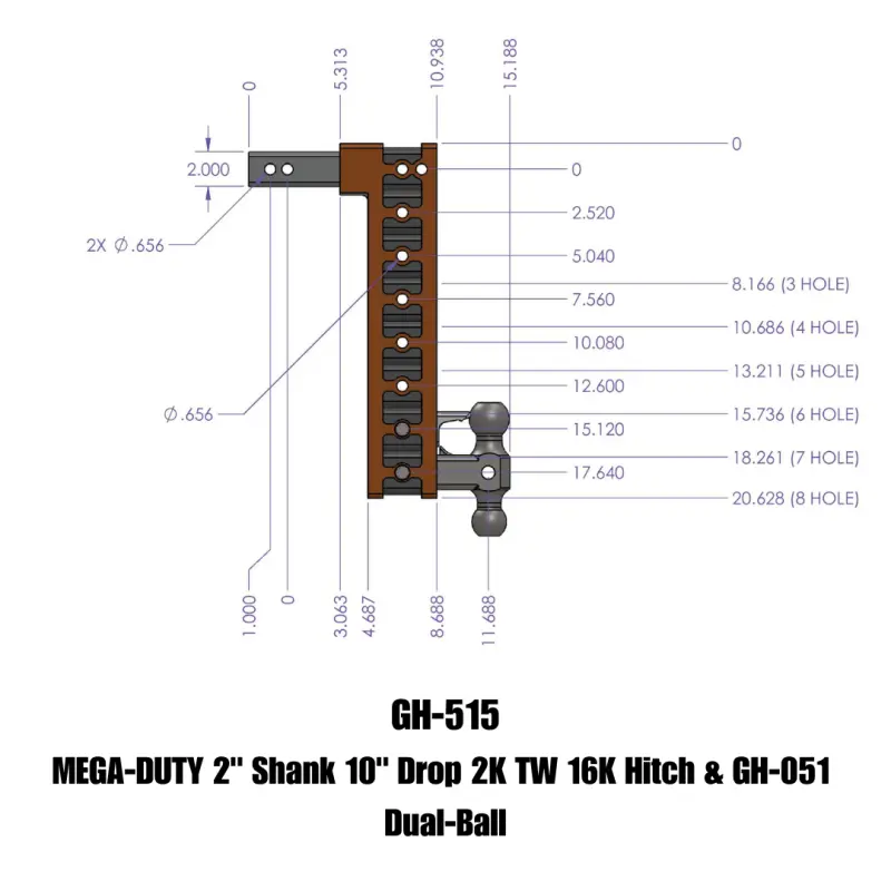 Gen-Y Mega Duty 2In Shank 10In Drop 2K Tw 16K Hitch W/Gh-051 Dual-Ball 1