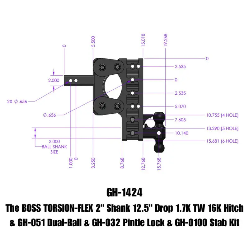 Gen-Y The Boss Torsion-Flex 2In Shank 12.5In Drop 16K Hitch W/Gh-051 Dual-Ball/Pintle Lock/Stab Kit 1