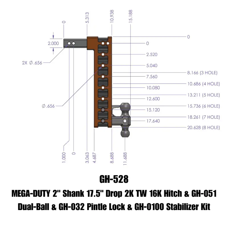 Gen-Y Mega Duty 2In Shank 17.5In Drop 16K Hitch W/Dual-Ball/Pintle Lock/Stabilizer Kit 1