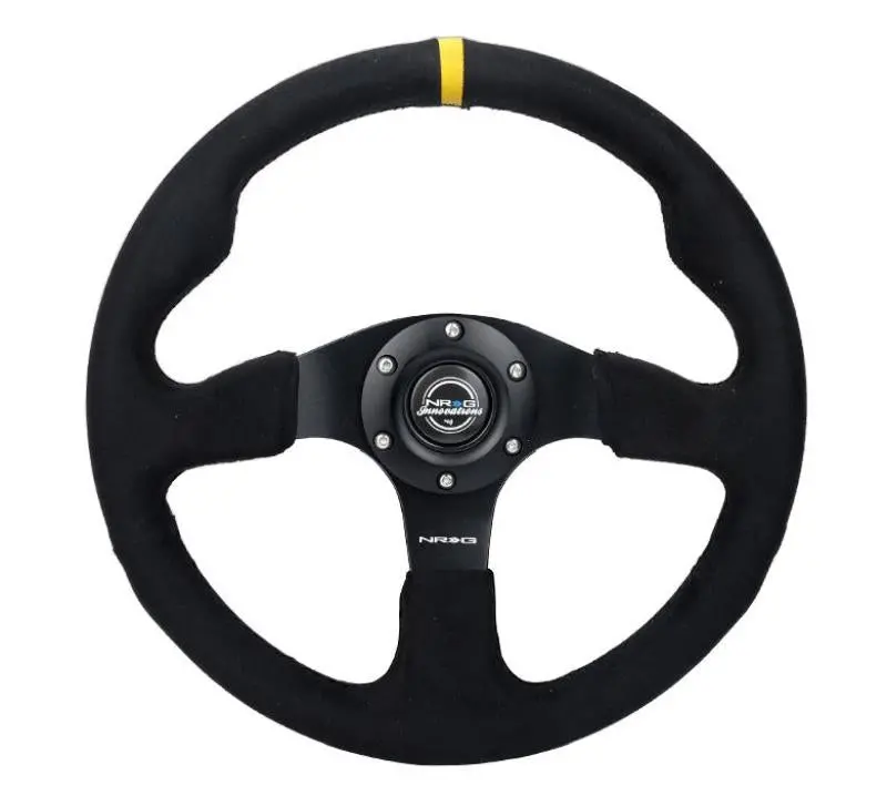 Nrg Reinforced Steering Wheel (350Mm/ 3In. Deep) Alcantara W/ Yellow Center W/ Black Stitch 1