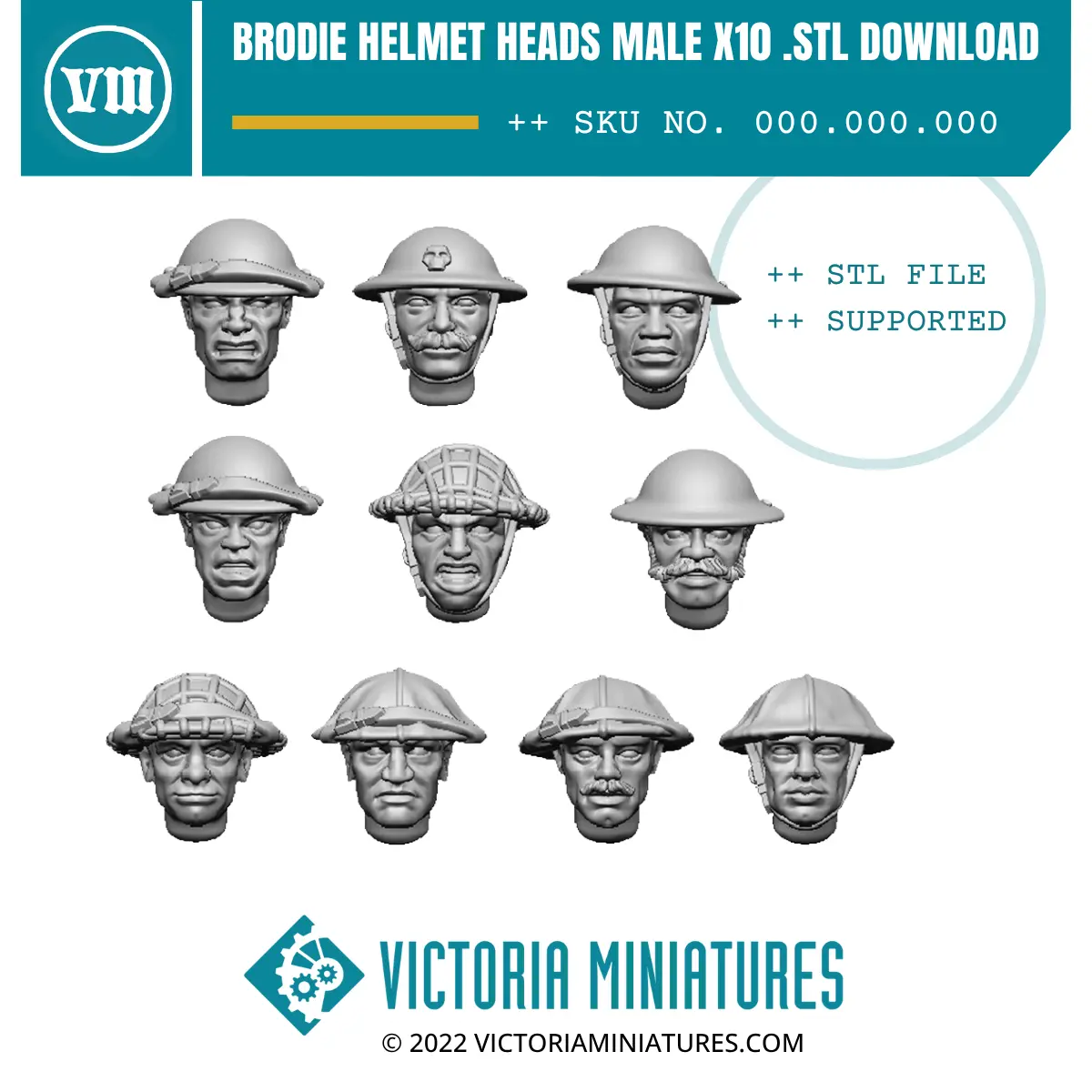 Brodie Helmet Heads Male X10 .Stl Download 1
