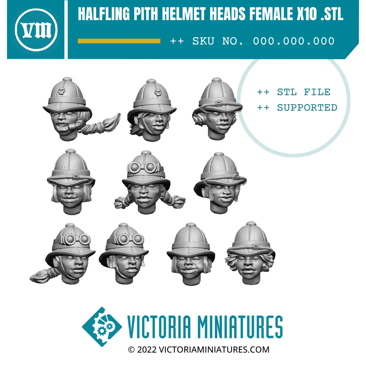 Halfling Pith Helmet Heads Female X10 .Stl Download 1