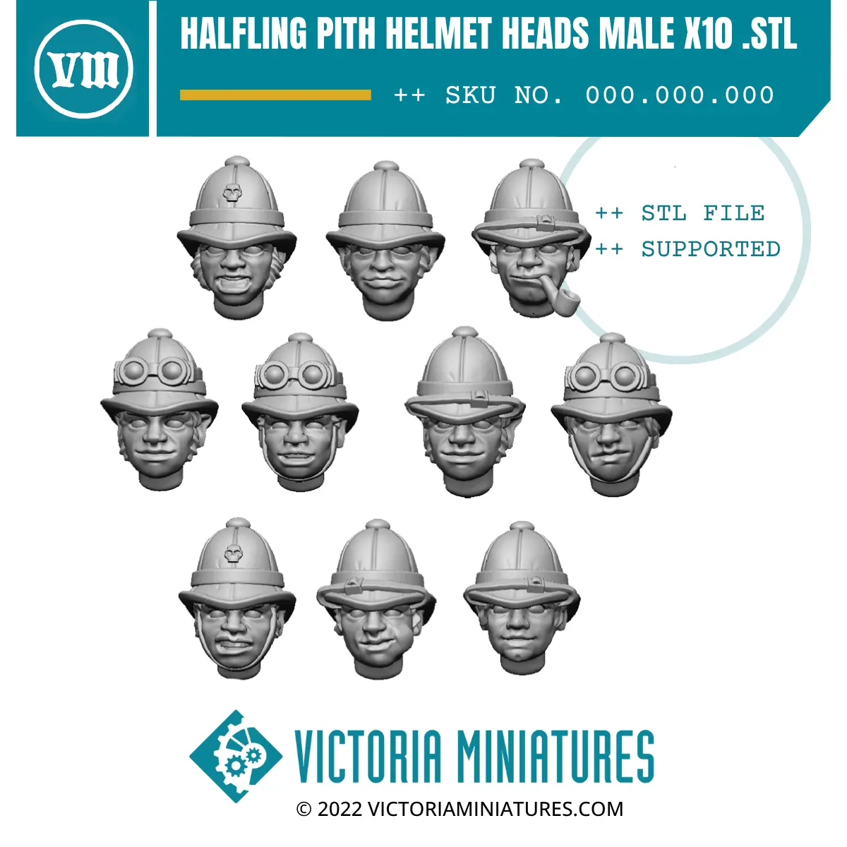 Halfling Pith Helmet Heads Male X10 .Stl Download 1