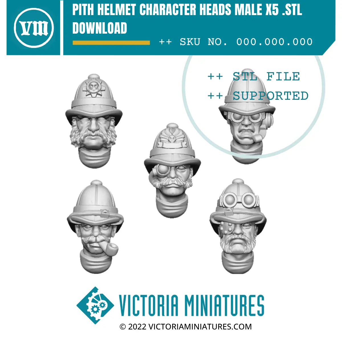 Pith Helmet Character Heads Male X5 .Stl Download 1