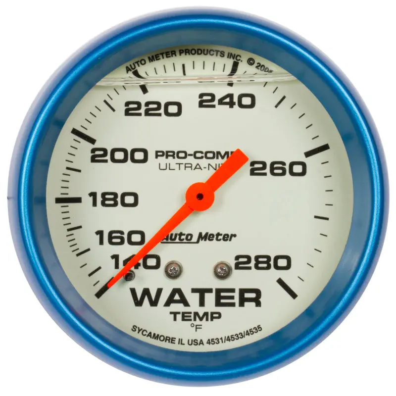 Autometer Ultra-Nite 2-5/8In 140-280 Degree Liquid Filled Mechanical Glow In Dark Water Temp Gauge 1