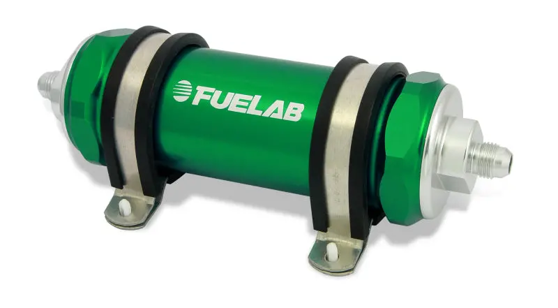 Fuelab 858 In-Line Fuel Filter Long -10An In/Out 40 Micron Stainless W/Check Valve - Green 1