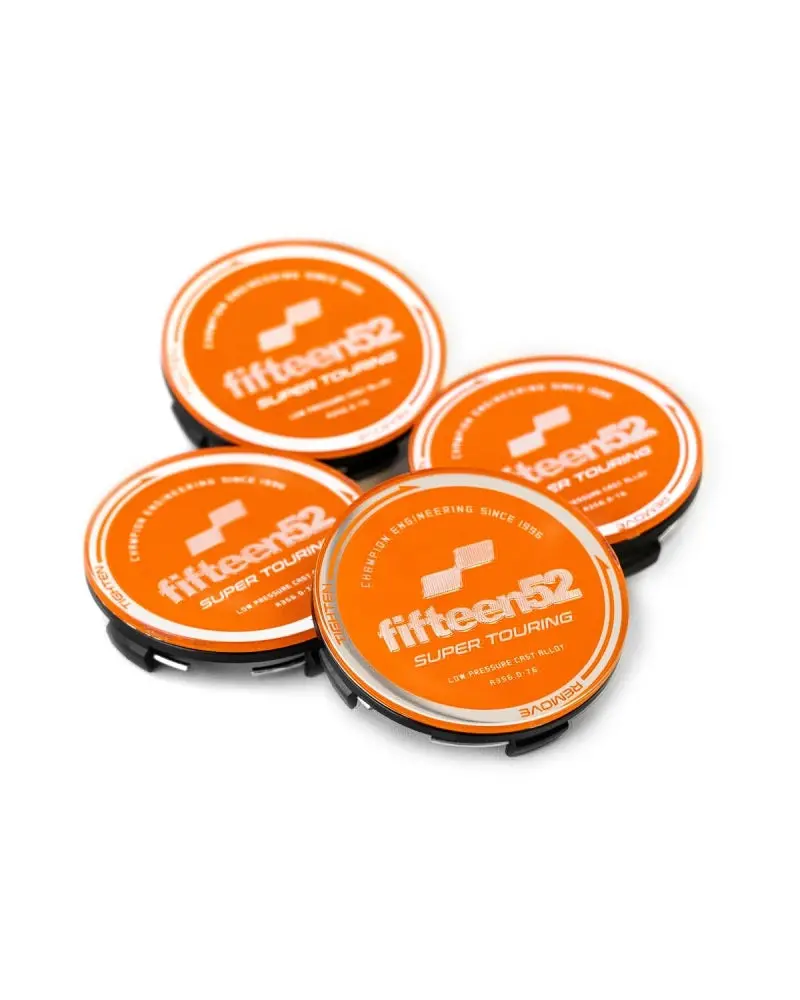 Fifteen52 Super Touring Center Cap Set – Four-Piece Orange And Chrome Caps For Chicane/Podium Wheels 1